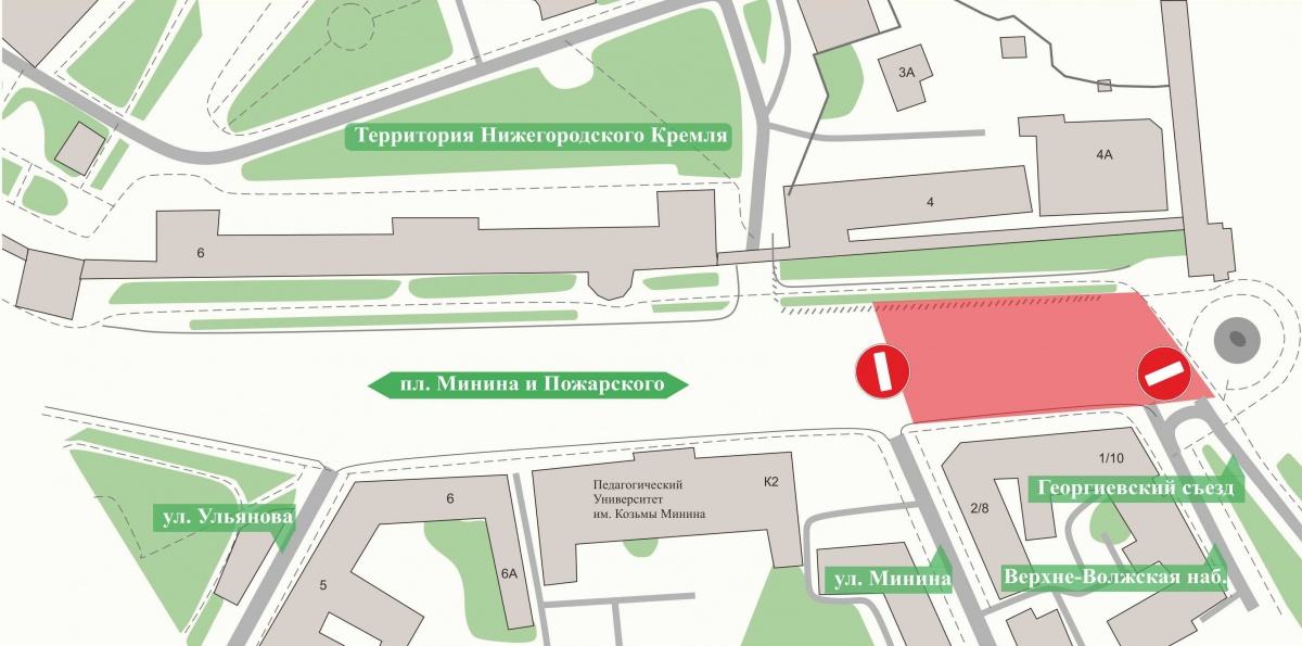 Часть площади Минина и Пожарского закрыли для транспорта до 28 июня в Нижнем Новгороде